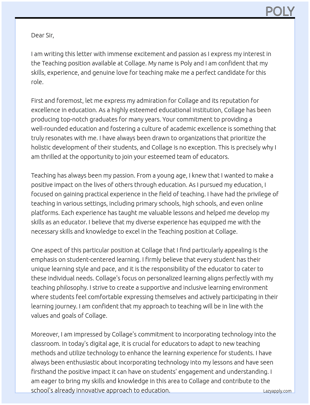 Teaching  At Collage  Cover Letter