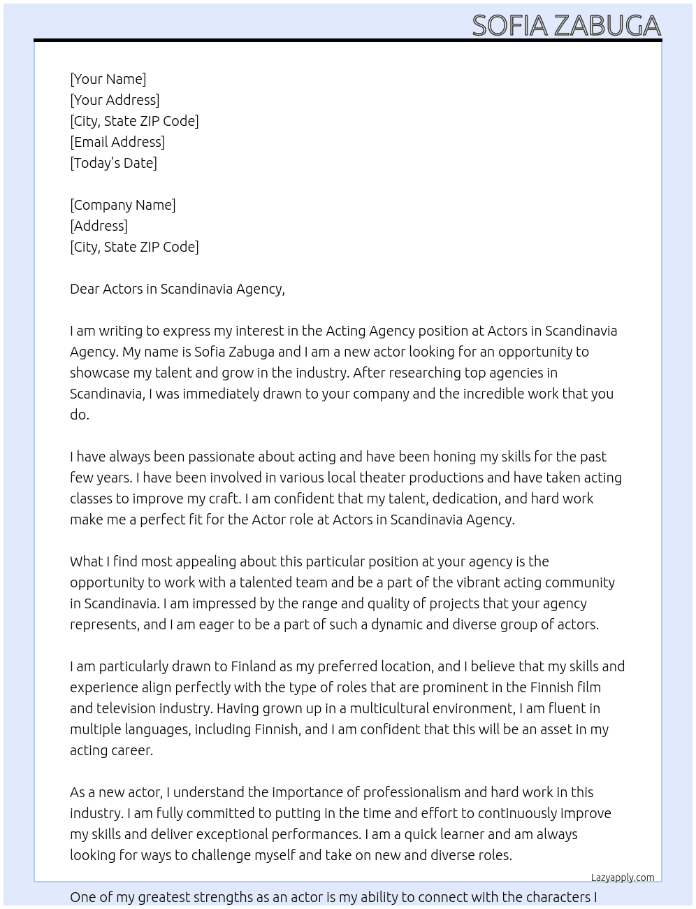 Acting agency At Actors in Scandinavia Agency Cover Letter