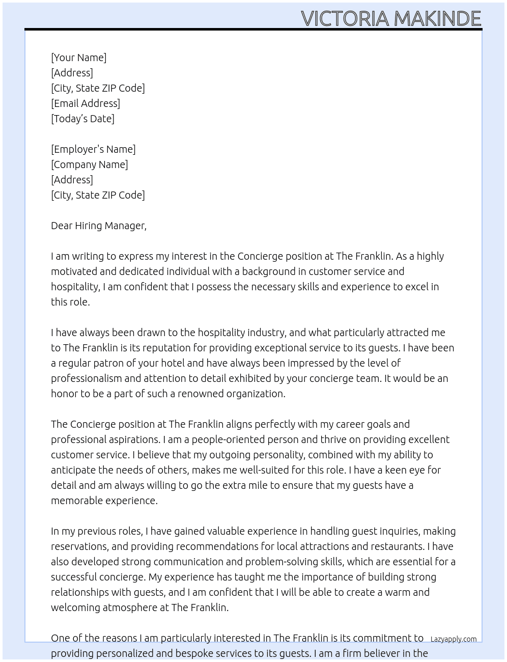 Concierge At The Franklin Cover Letter