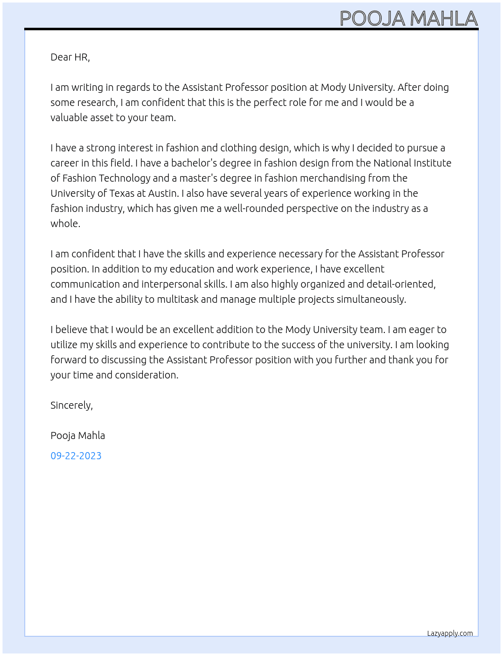 Assistant Professor At Mody University Cover Letter