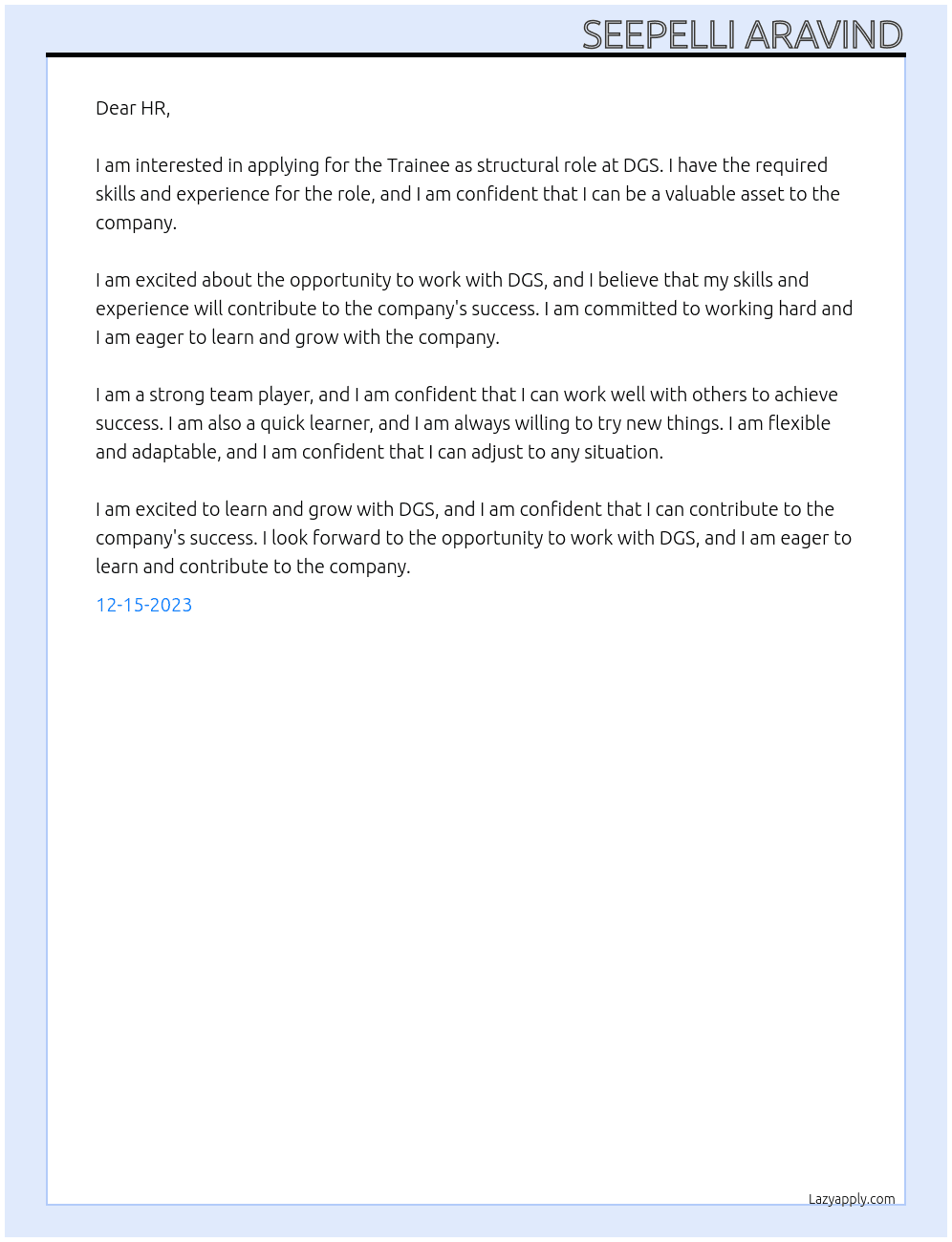 Trainee as structural  At DGS Cover Letter