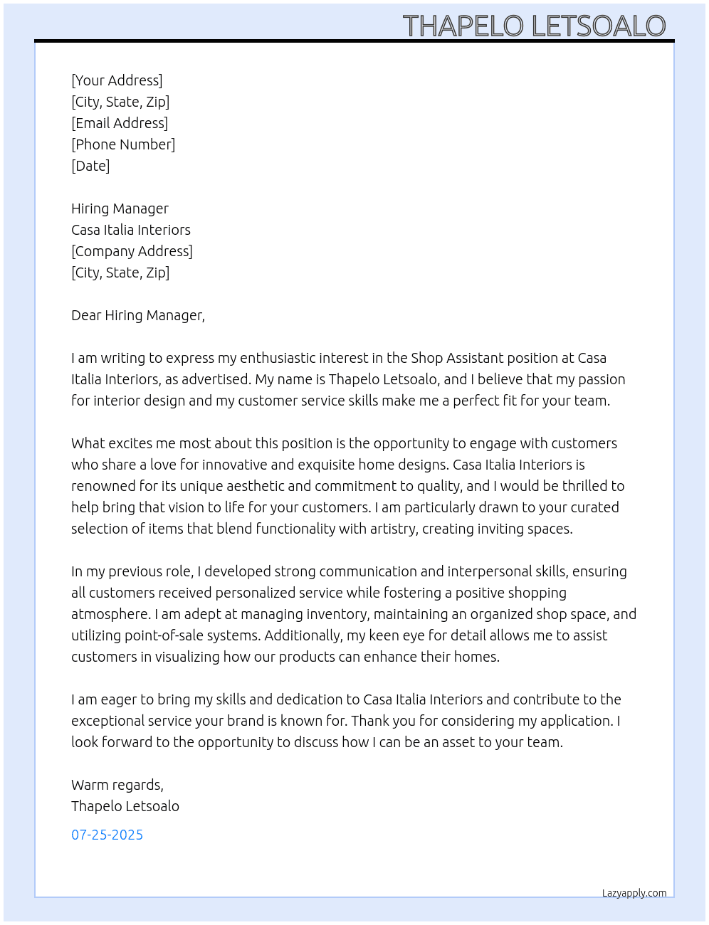 Shop assistant  At Casa Italia Interiors  Cover Letter