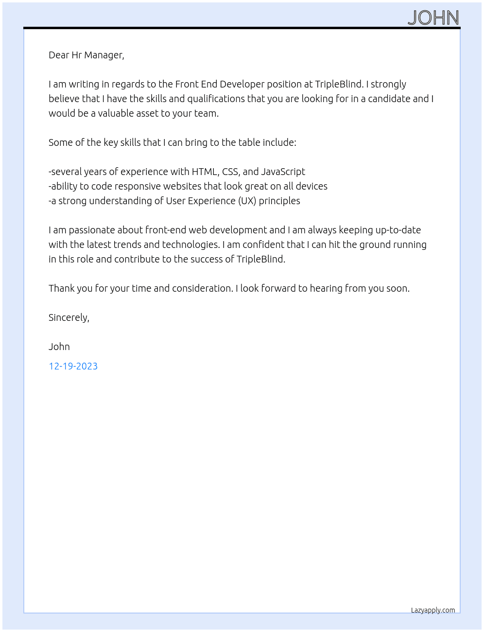 Front End Developer At TripleBlind Cover Letter