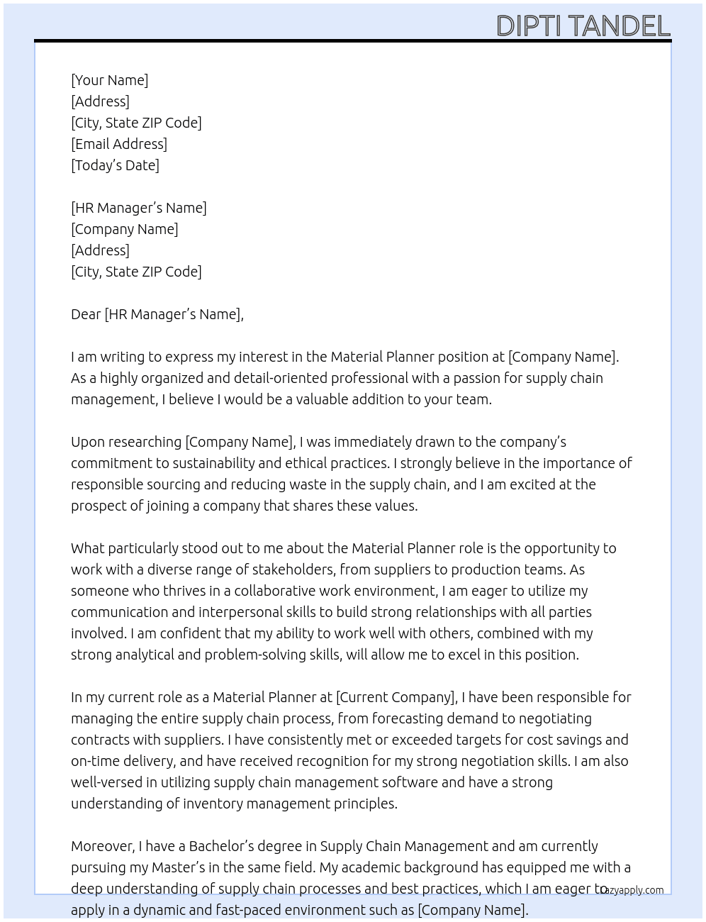 Material Planner At Material Planner Cover Letter