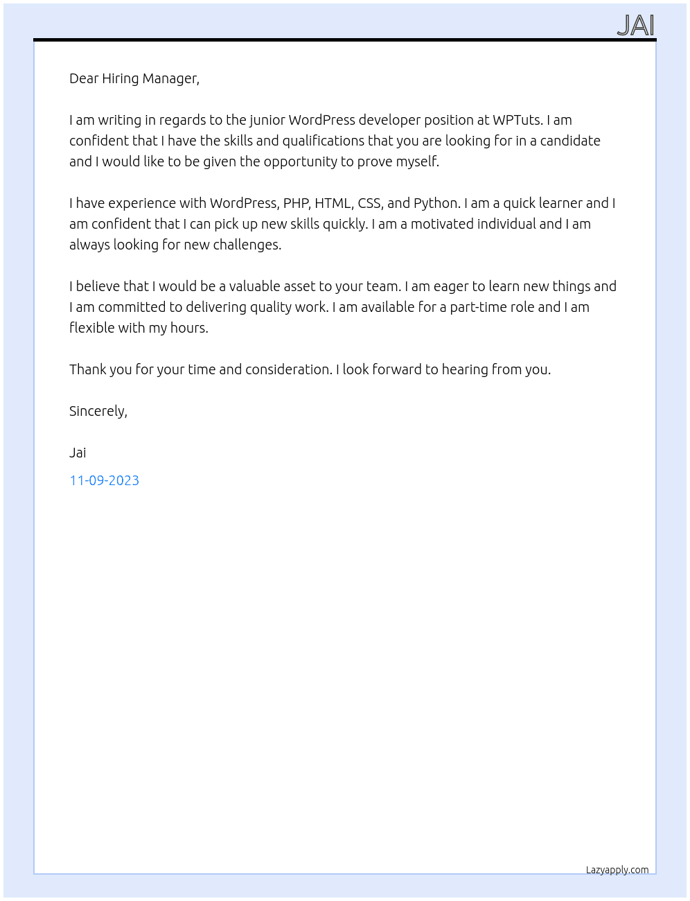 junior wordpress developer At WPTuts Cover Letter