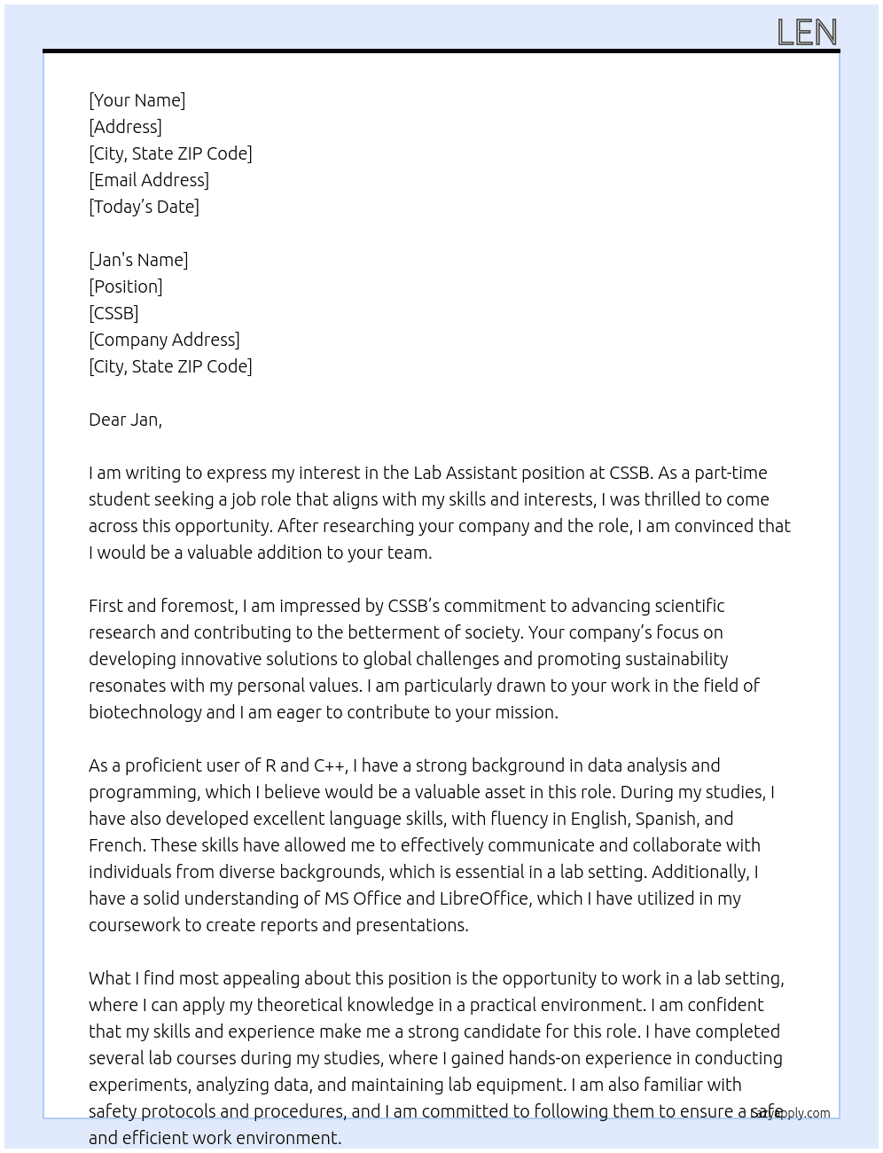 lab assistant At CSSB Cover Letter