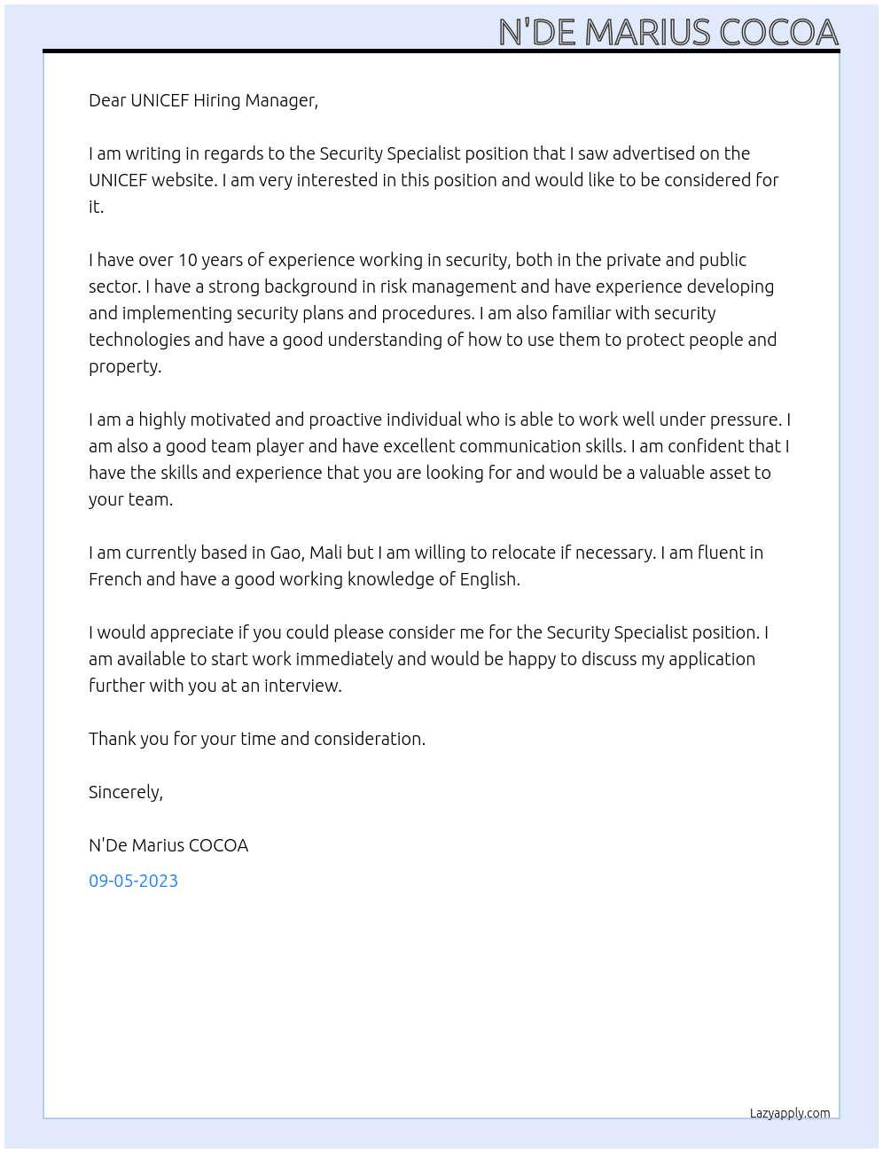 Security Specialist  At UNICEF Cover Letter