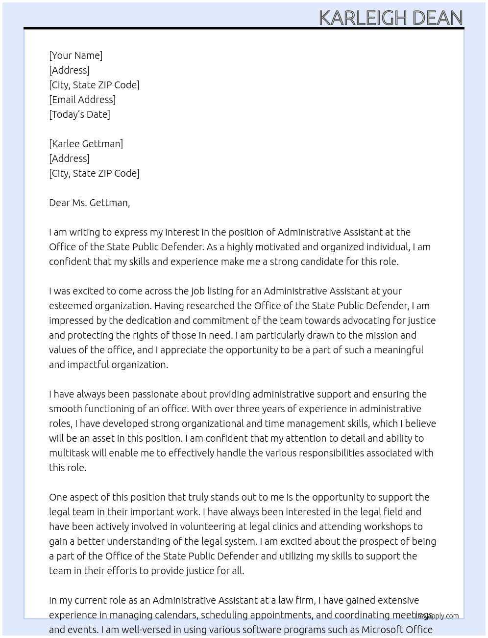 Administrative Assistant At Office of the State Public Defender Cover Letter