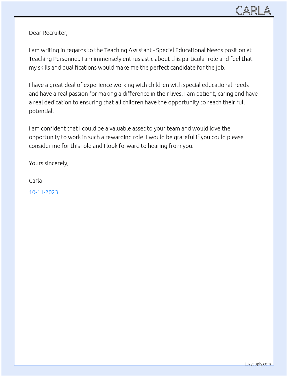 Teaching Assistant - Special Edicational Needs At Teaching Personnel  Cover Letter