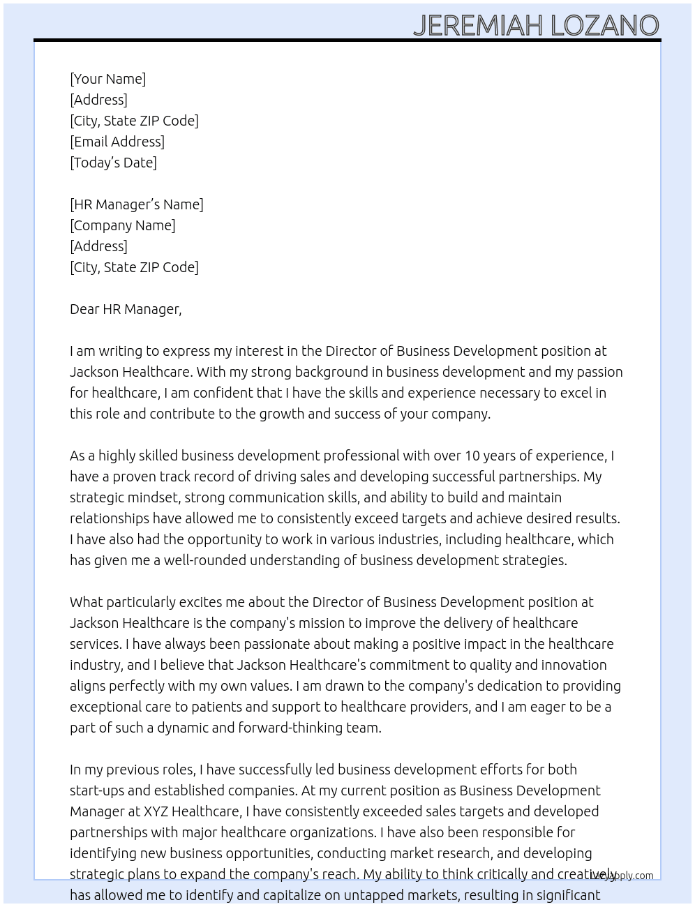 Director of Business Development At Jackson Healthcare Cover Letter