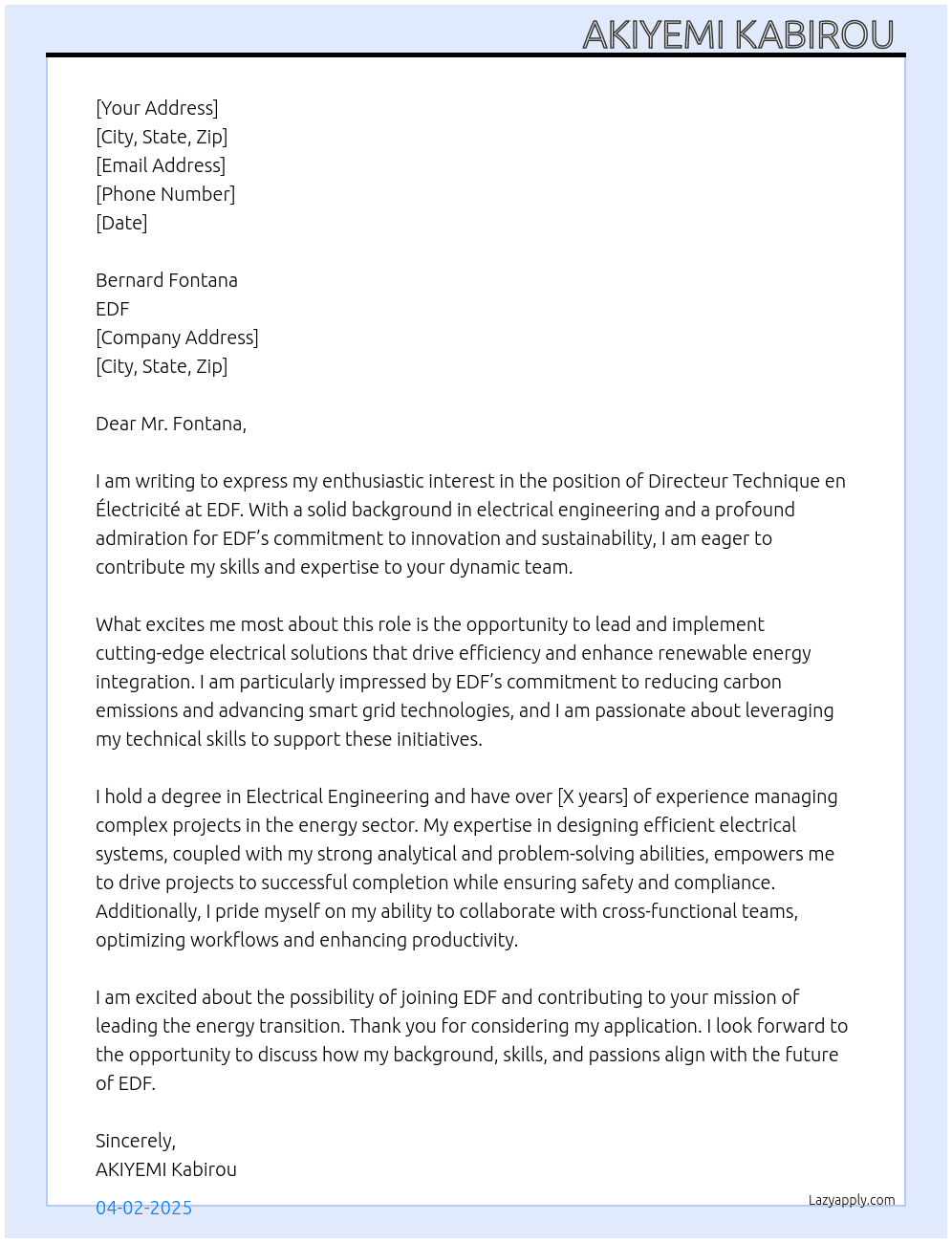 Directeur technique en électricité  At EDF Cover Letter