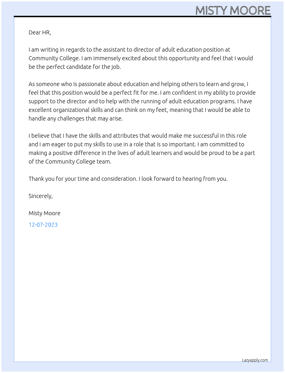 assistant to director of adult education  At Community College Cover Letter