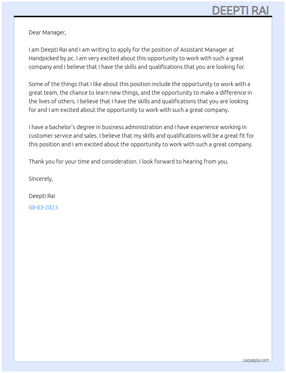Assistant manager  At Handpicked by pc  Cover Letter