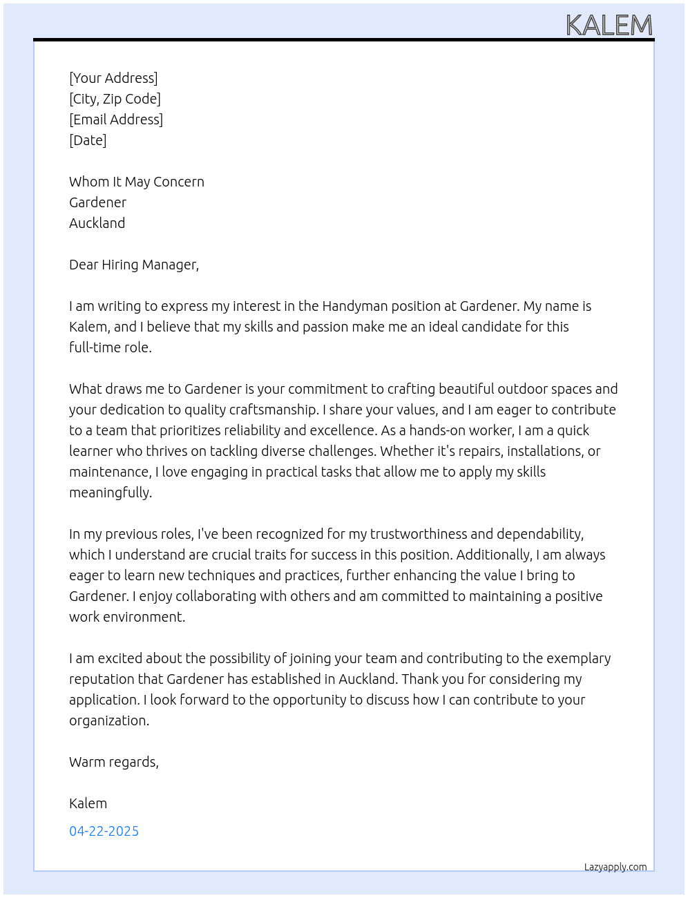 Handy man At Gardener Cover Letter