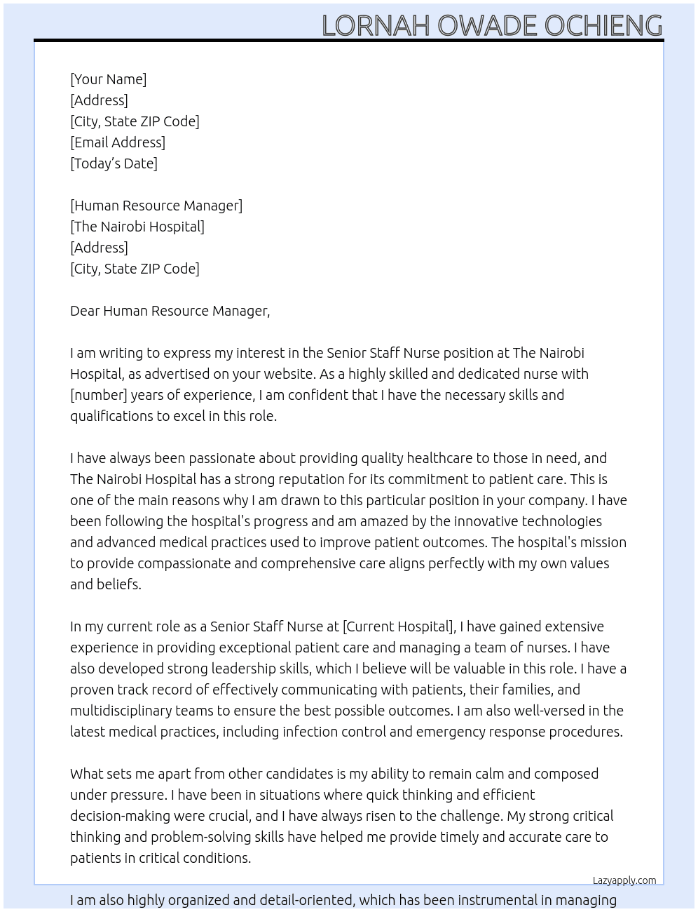 Senior Staff Nurse At The Nairobi Hospital Cover Letter