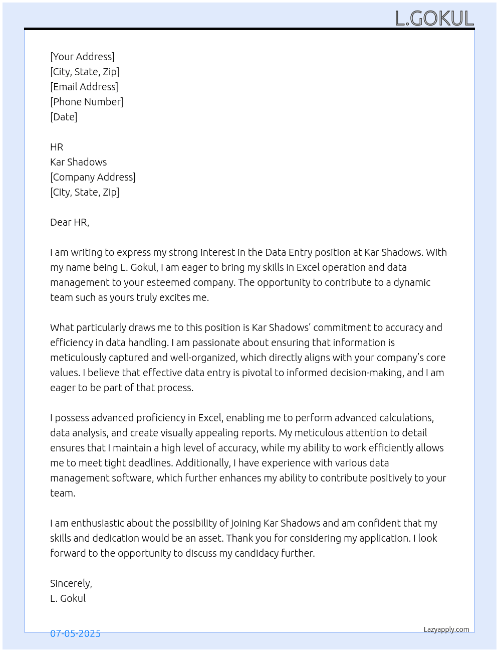 Data entry  At Kar shadows  Cover Letter