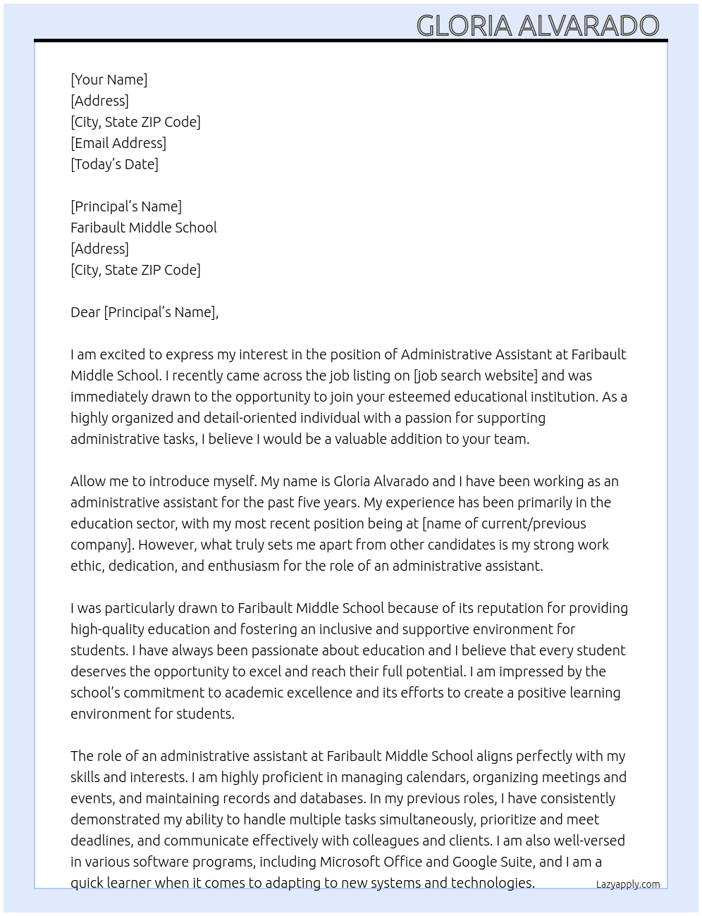 administrative assistant  At faribault middle school  Cover Letter