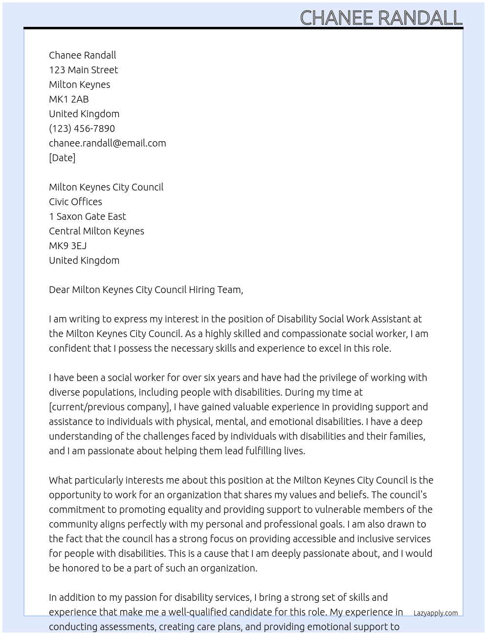 Disability Social work Assistant At Milton Keynes city council Cover Letter