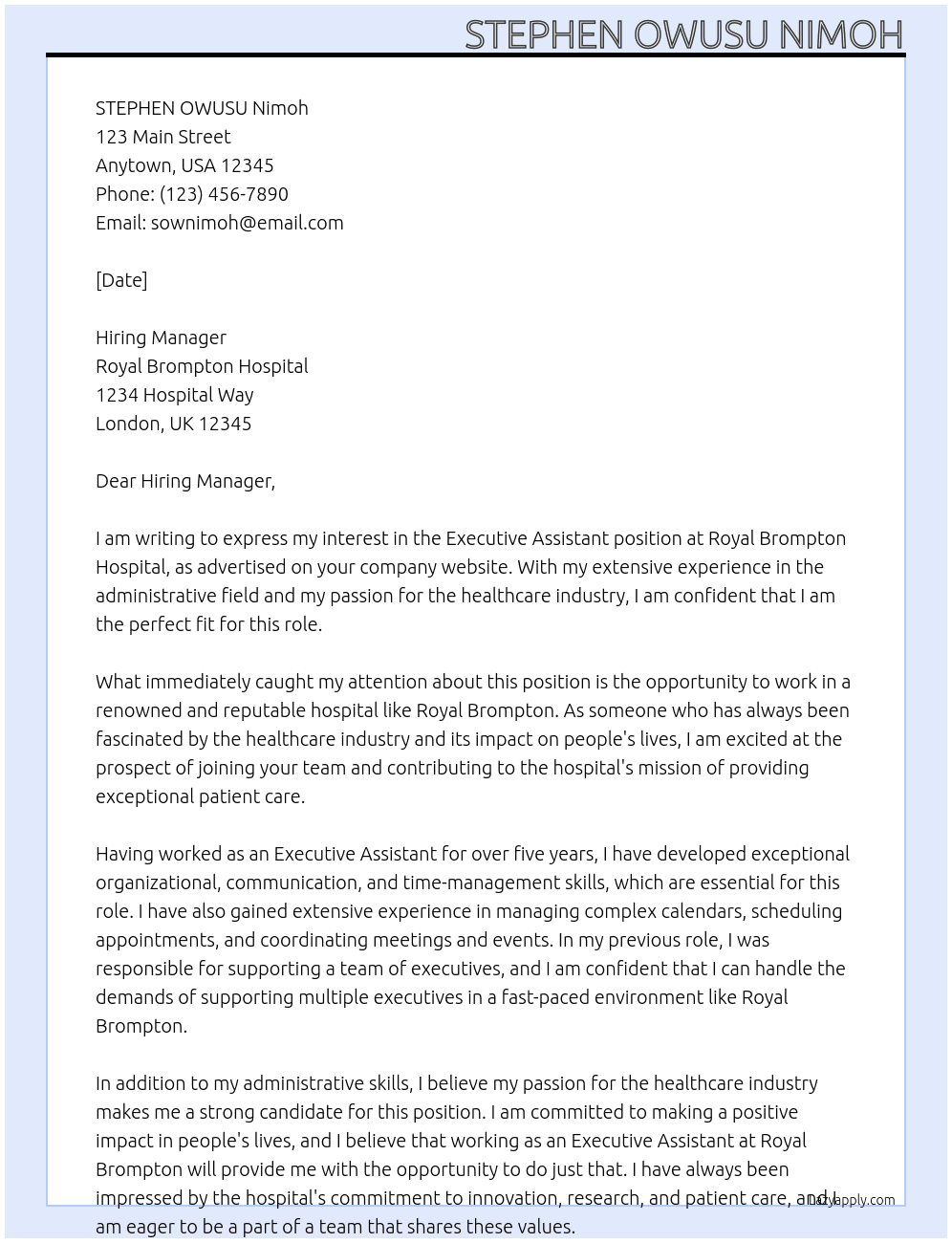 executive assistant  At royal Brompton hospital  Cover Letter