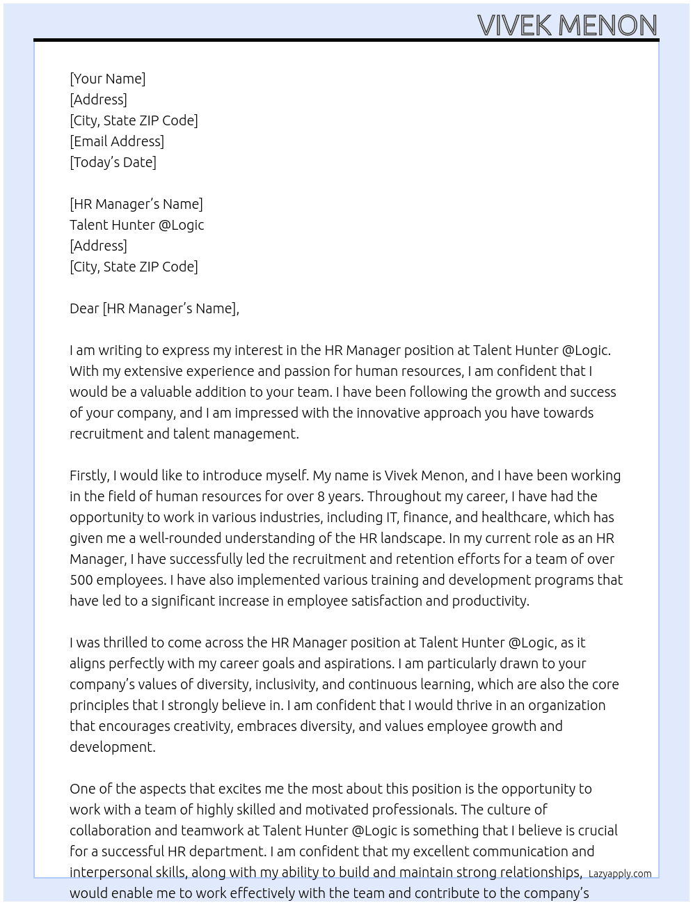 HR Manager At Talent Hunter @Logic Cover Letter