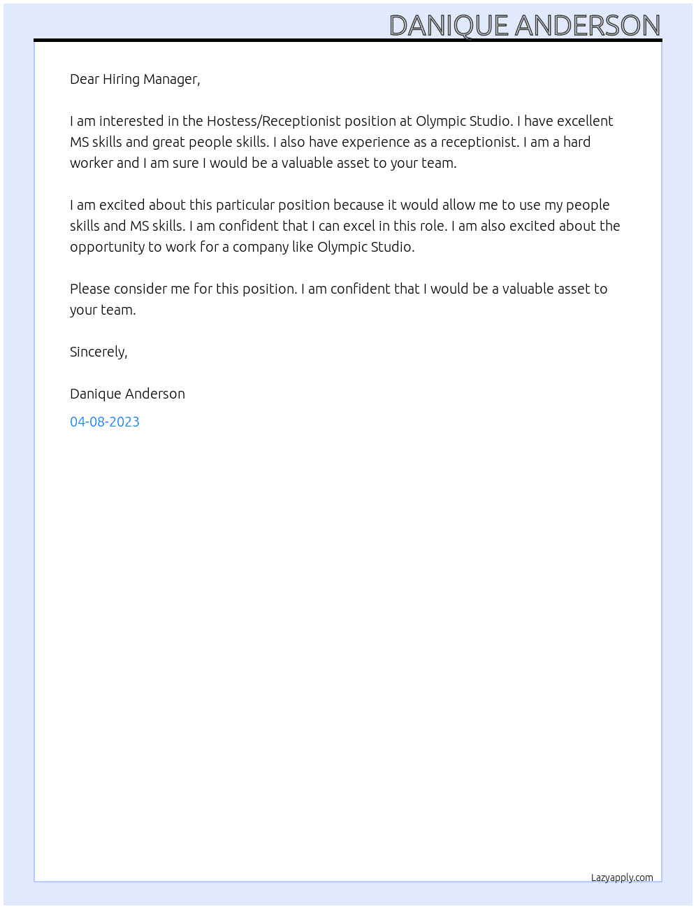 Hostess/Receptionist  At Olympic Studio Cover Letter