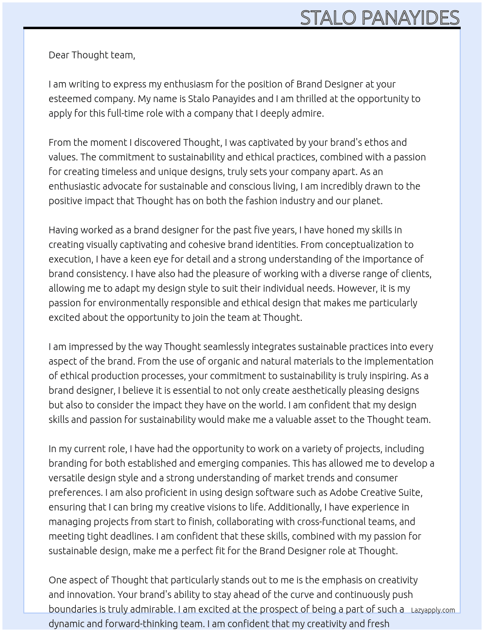 Brand designer  At Thought  Cover Letter