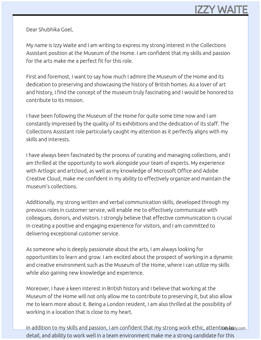 Collections Assistant At Museum of the Home Cover Letter