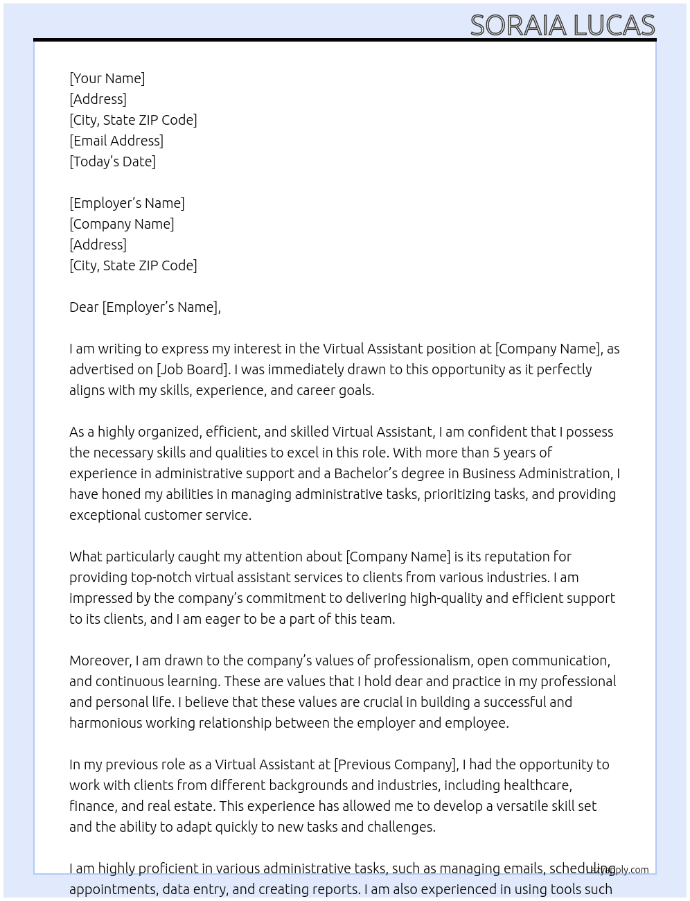 Virtual Assistant At Various Cover Letter