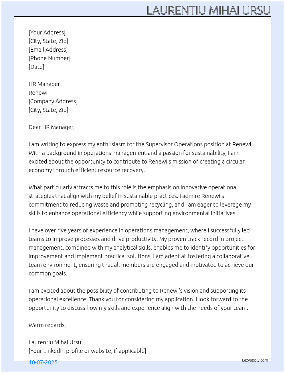 Cover letter for supervisor operations - LazyApply