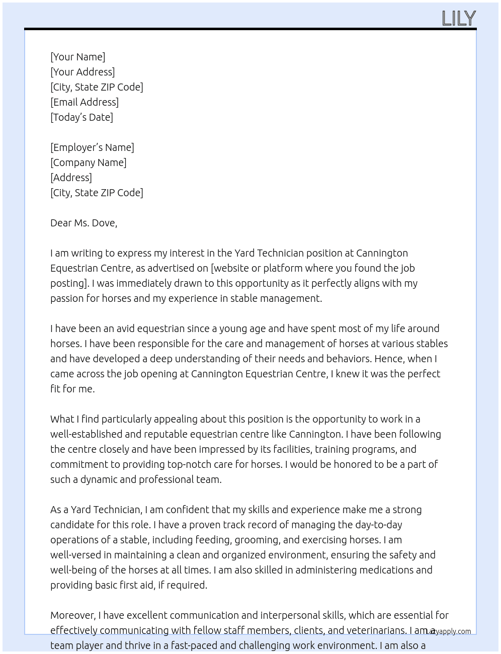 Cover letter for yard technician - LazyApply