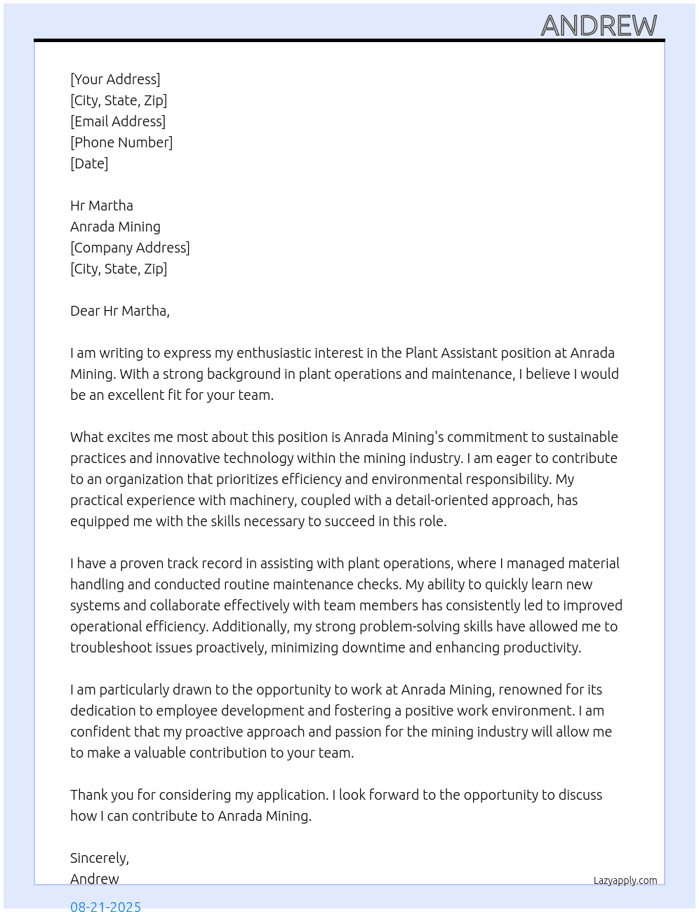 Plant assistant  At Anrada mining  Cover Letter
