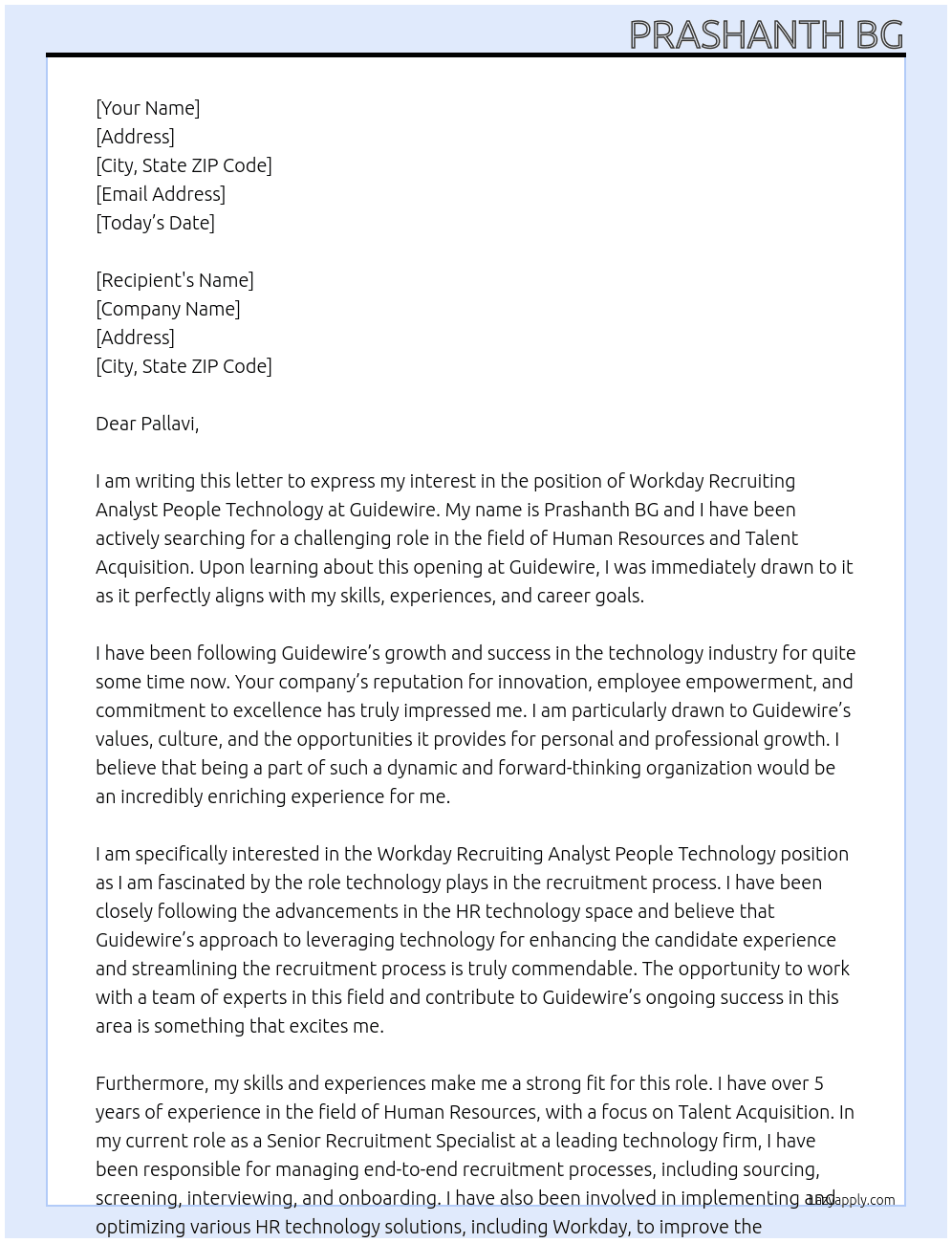 Workday Recruiting Analyst People Technology At Guidewire Cover Letter