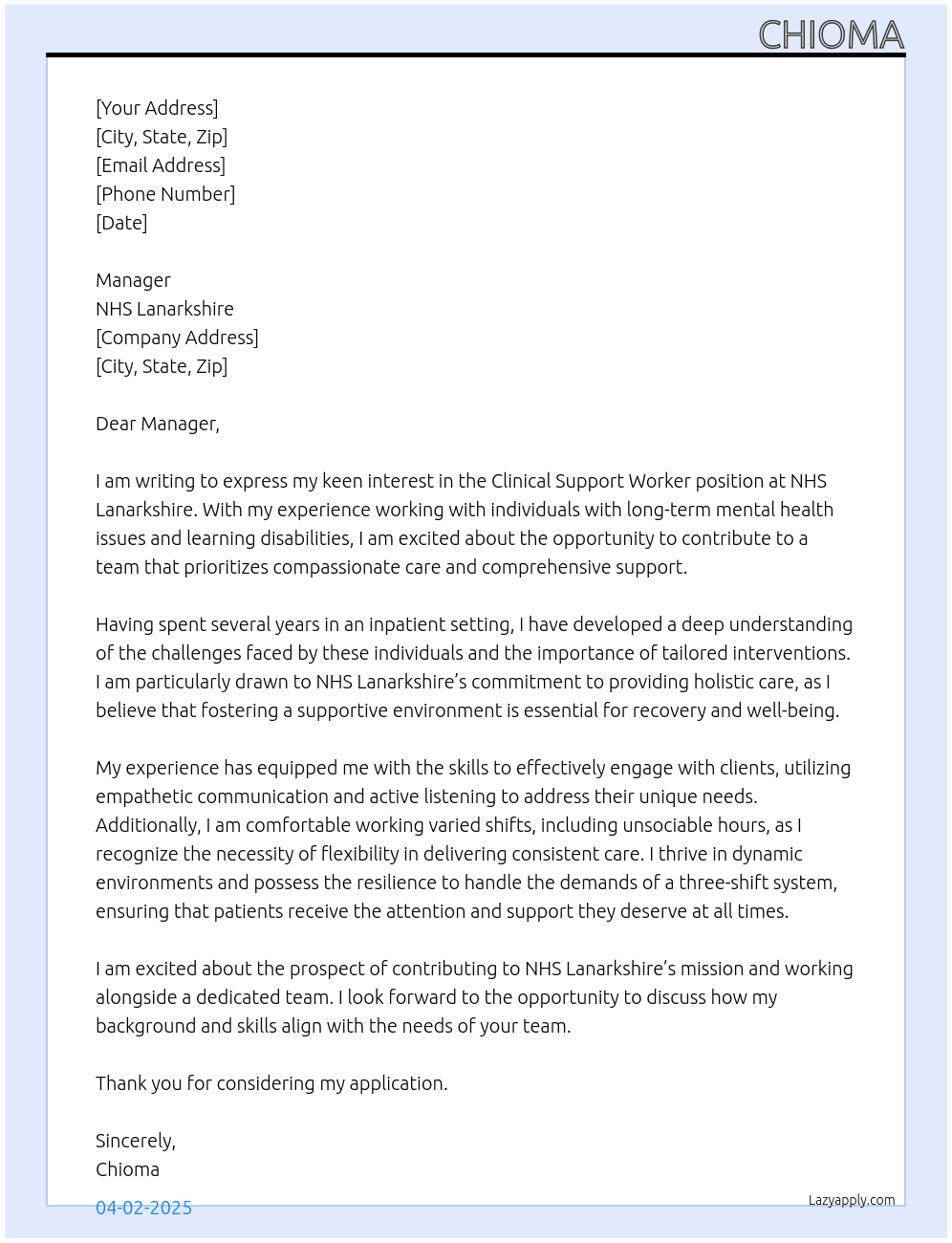 Clinical support worker At NHS Lanarkshire  Cover Letter