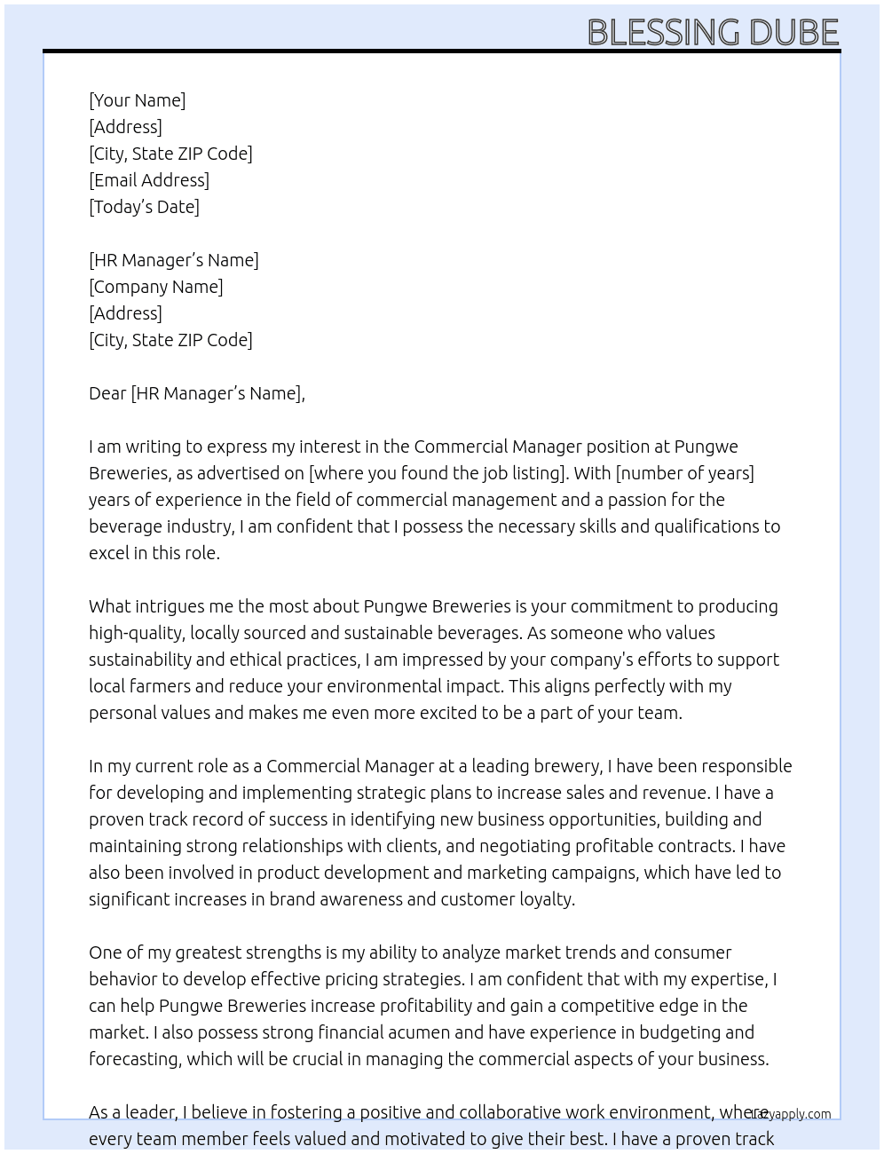 Commercial Manager At Pungwe Breweries  Cover Letter