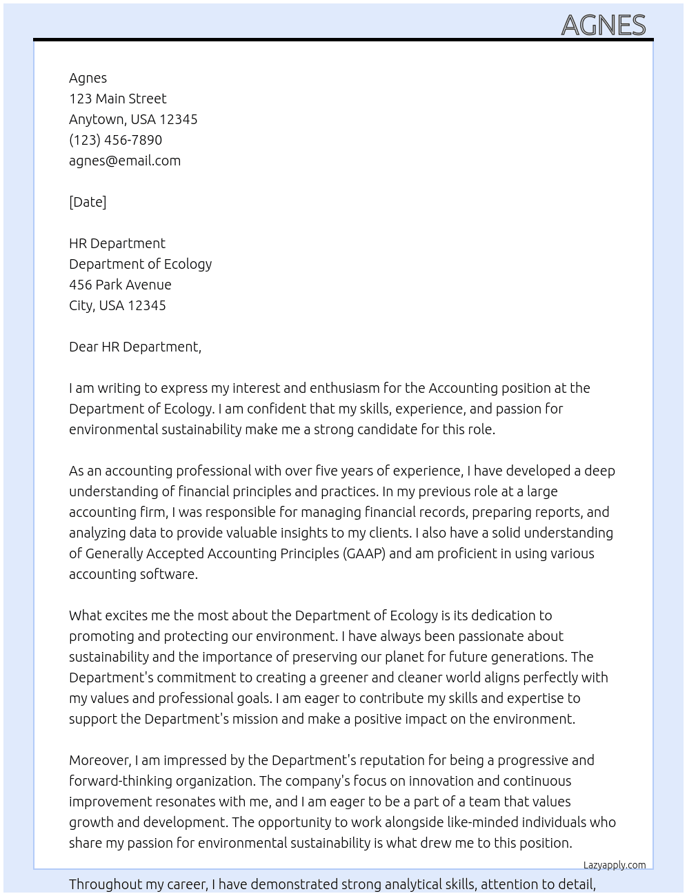 Accounting  At Department of Ecology  Cover Letter