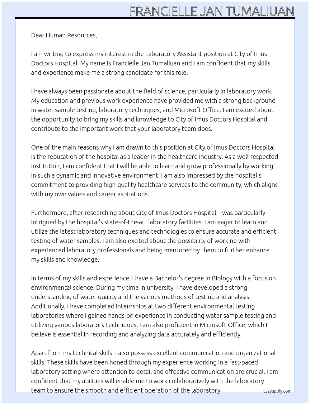 Laboratory Assistant At City of Imus Doctors Hospital Cover Letter