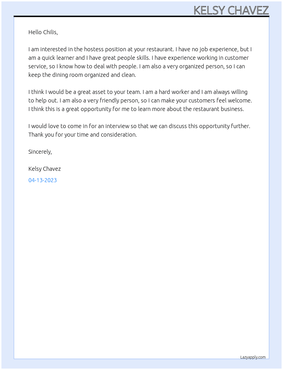 Hostess for restaurant no job experience  At Chilis Cover Letter