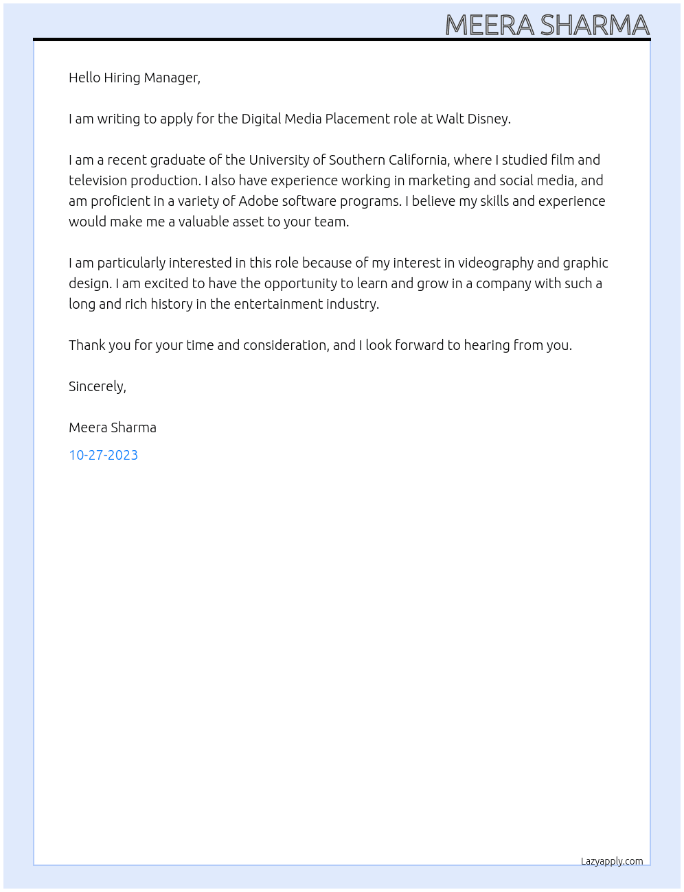 Digital media placement At Walt Disney Cover Letter