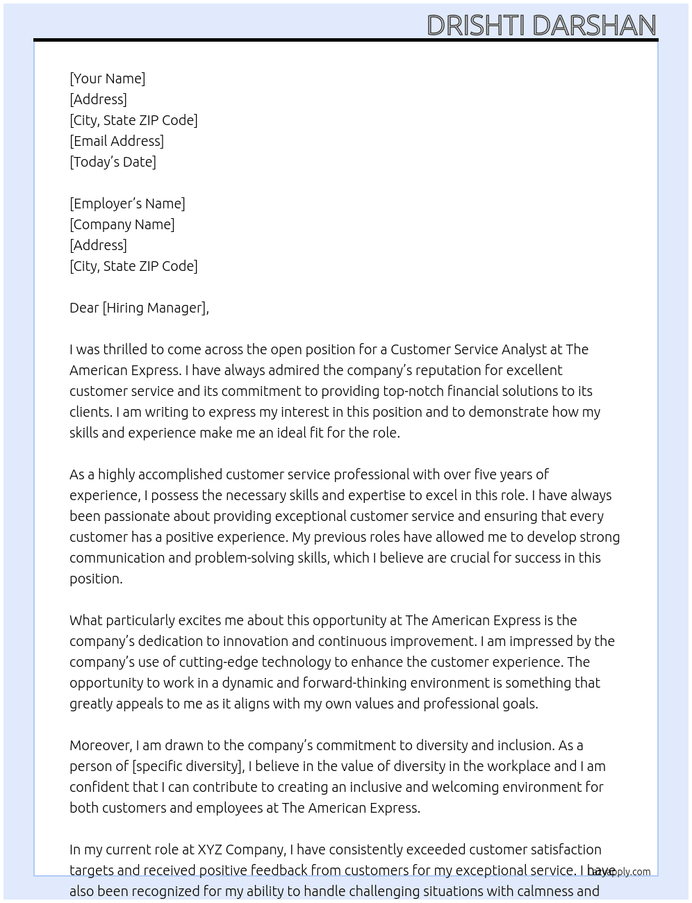 Cover letter for customer service analizyst - LazyApply