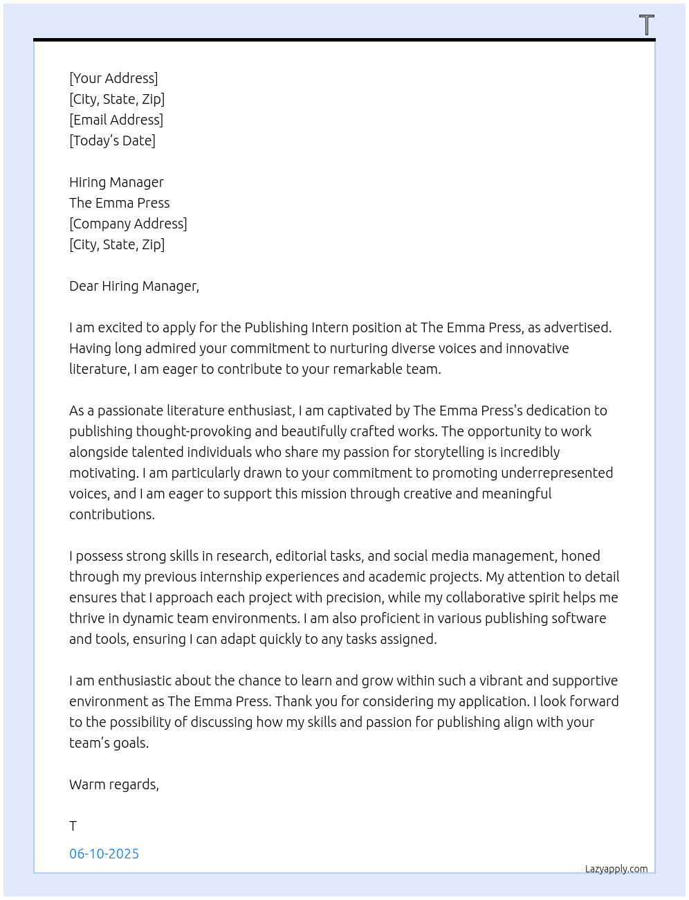 Publishing Intern At The Emma Press Cover Letter