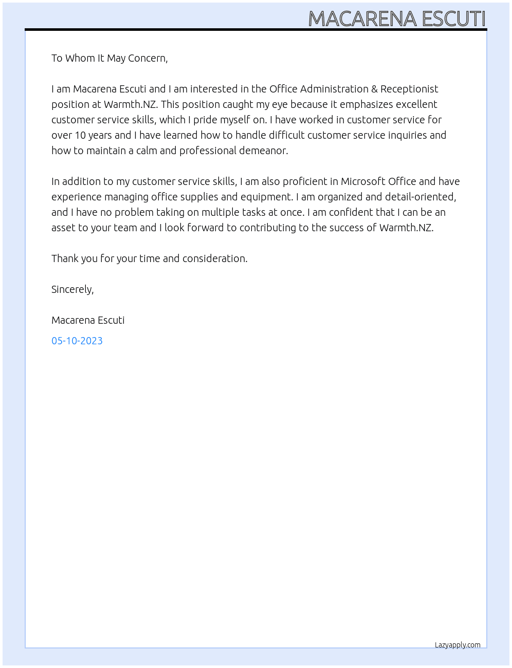 Office Administration & Recepcionist At Warmth.NZ Cover Letter