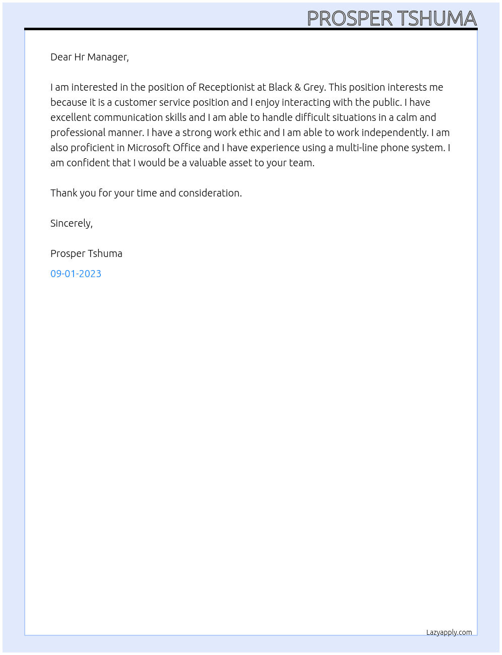 Receptionist At Black & Grey Cover Letter