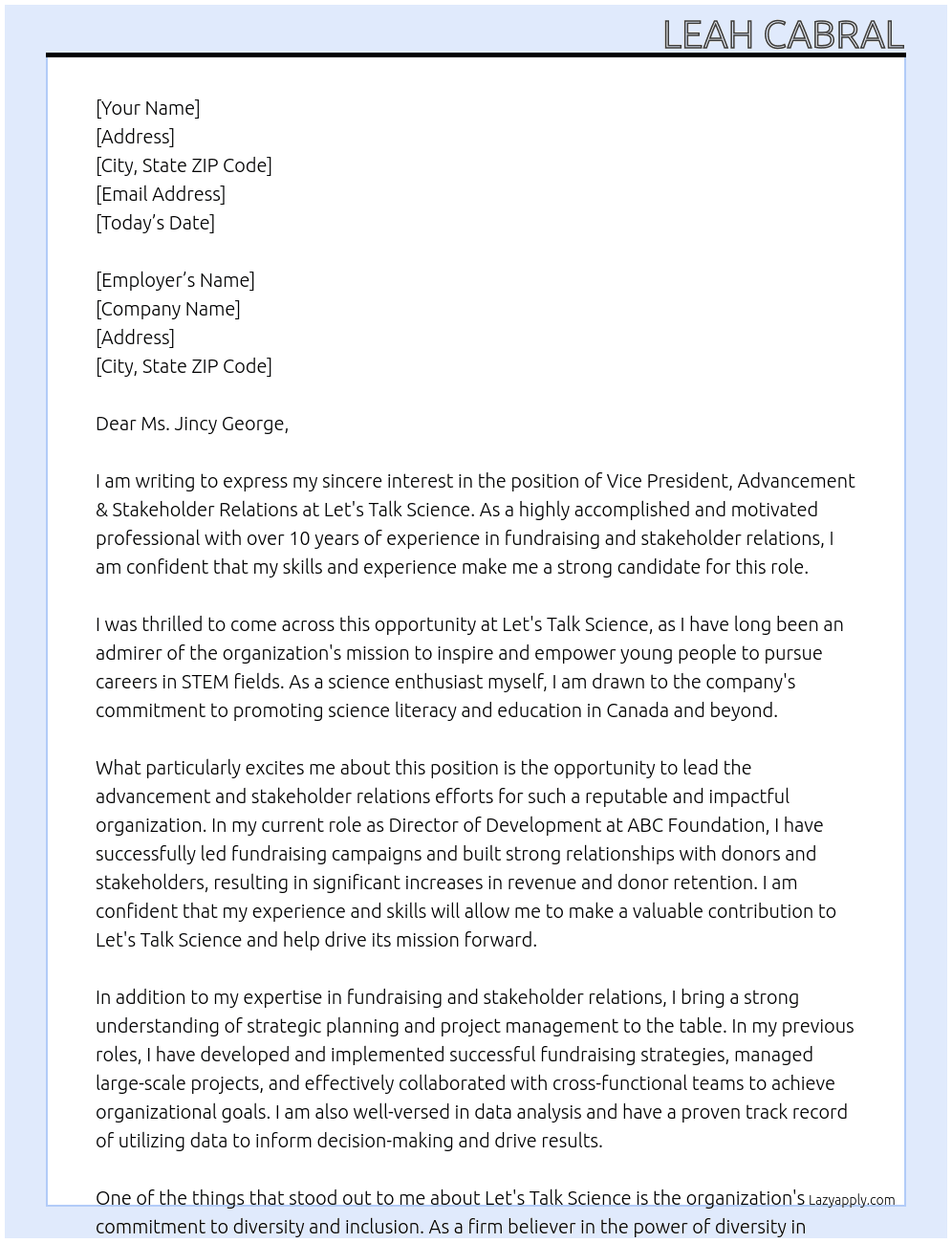 Vice President, Advancement & Stakeholder Relations At Let's Talk Science Cover Letter