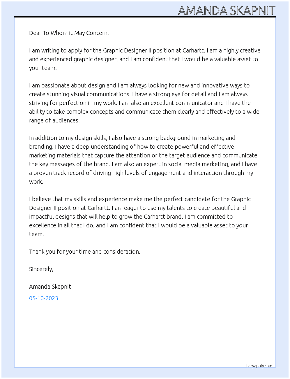 Graphic Designer II At Carhartt Cover Letter