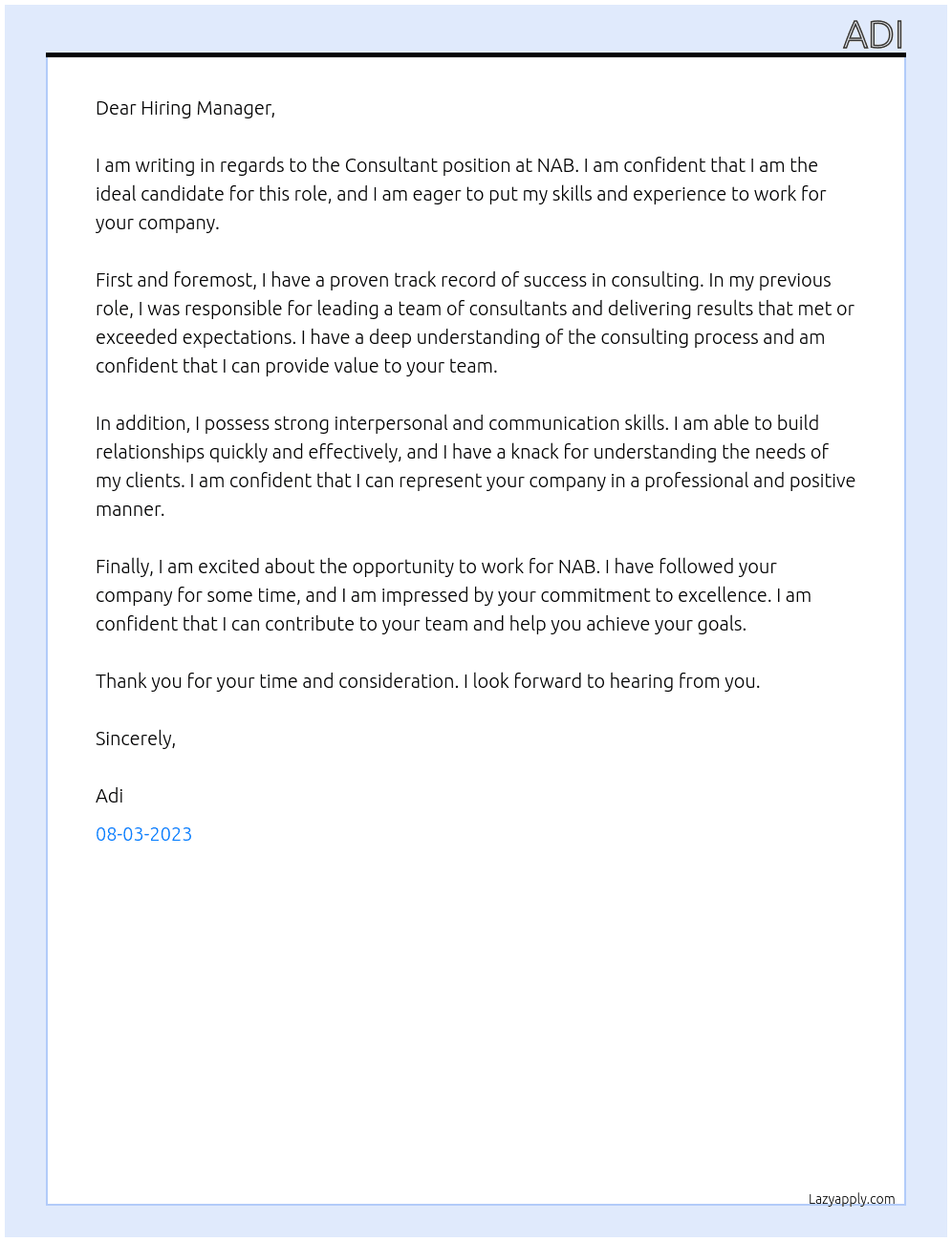 Consultant At NAB Cover Letter
