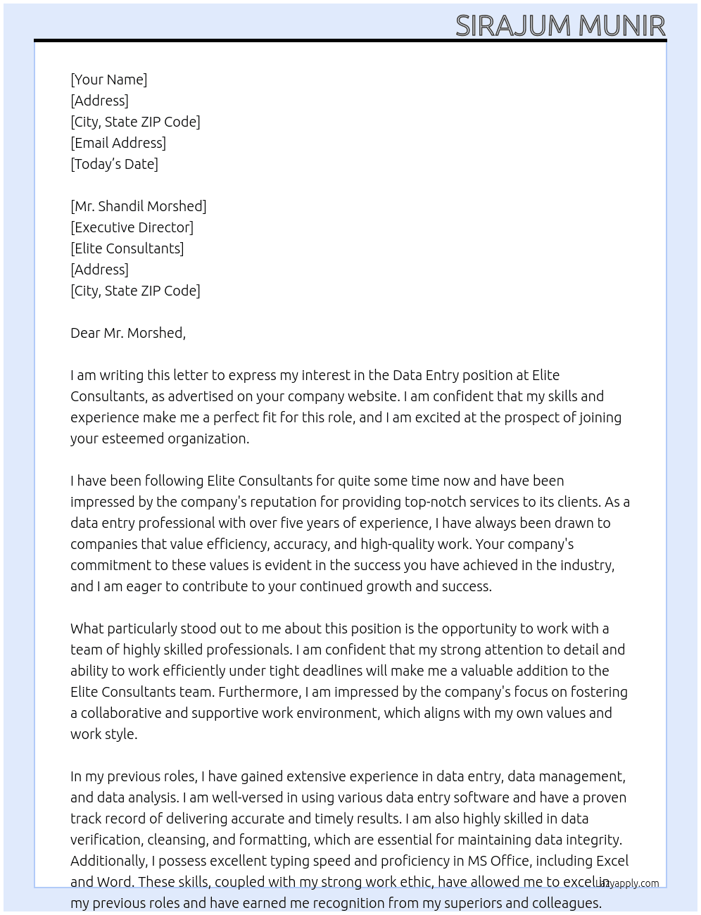 Data entry At Elite Consultants Cover Letter