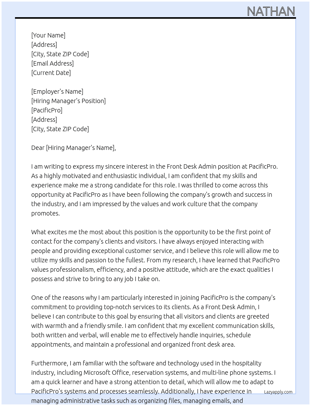 Front Desk Admin At PacificPro Cover Letter