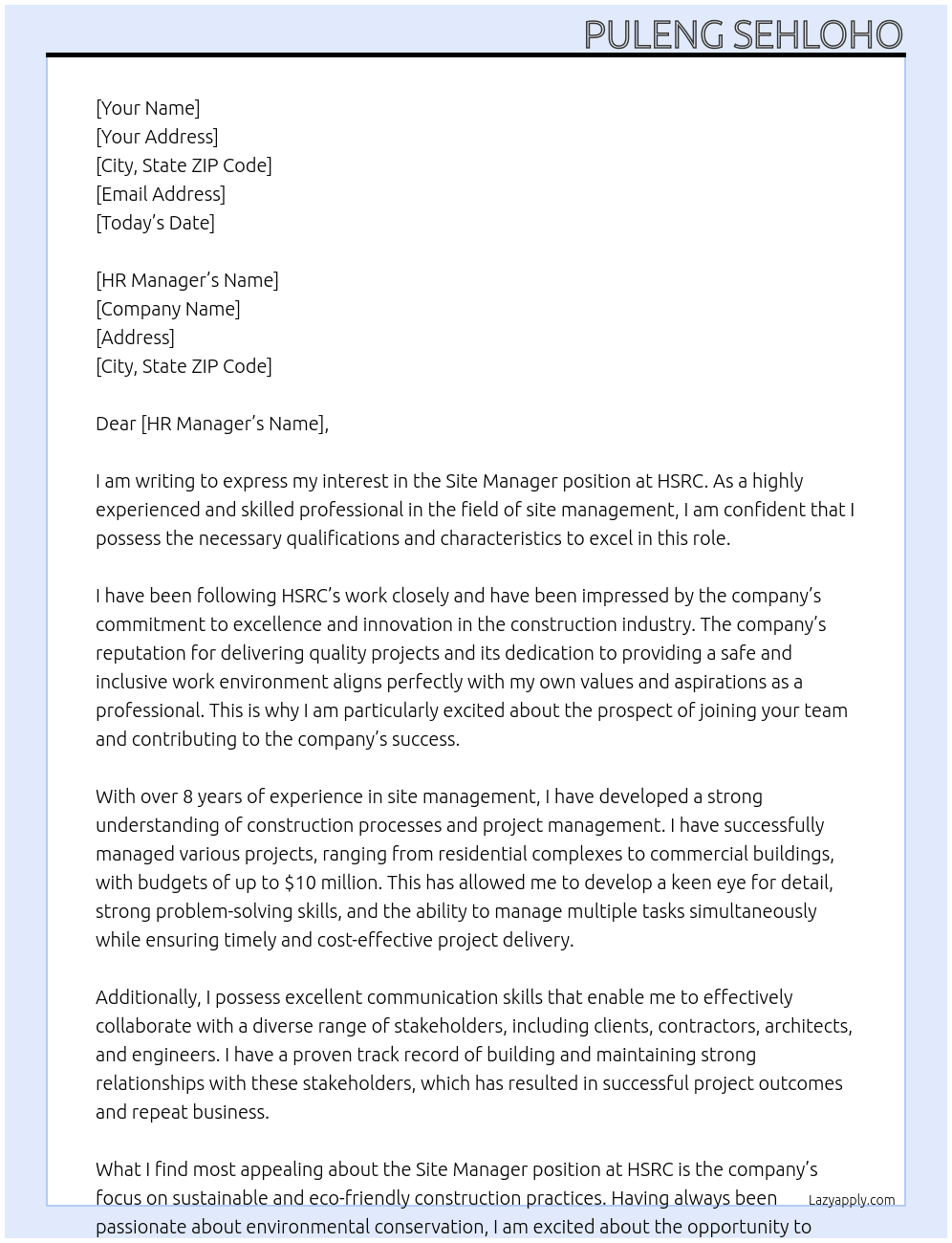 site manager  At HSRC Cover Letter