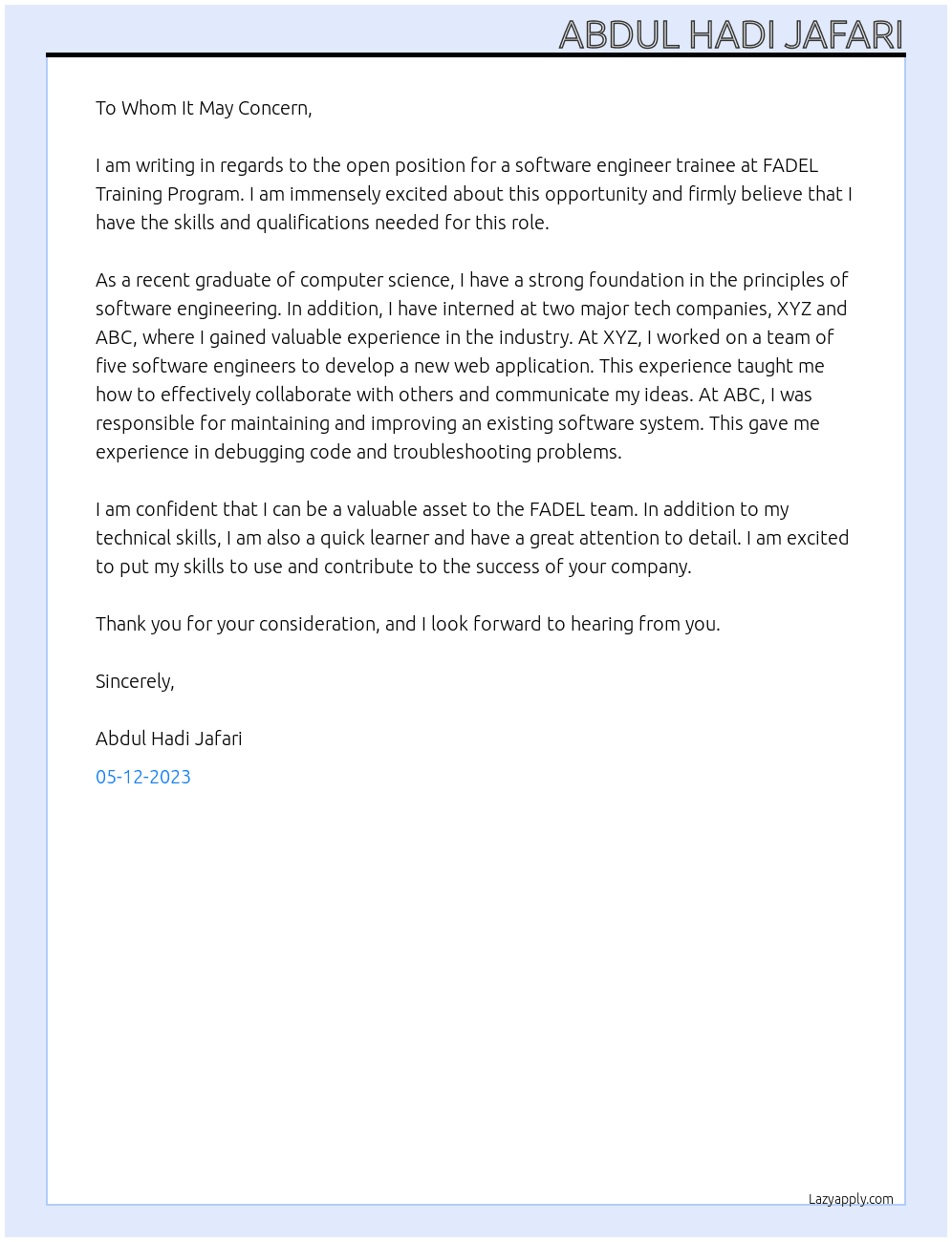 software engineer trainee At FADEL Training Program Cover Letter