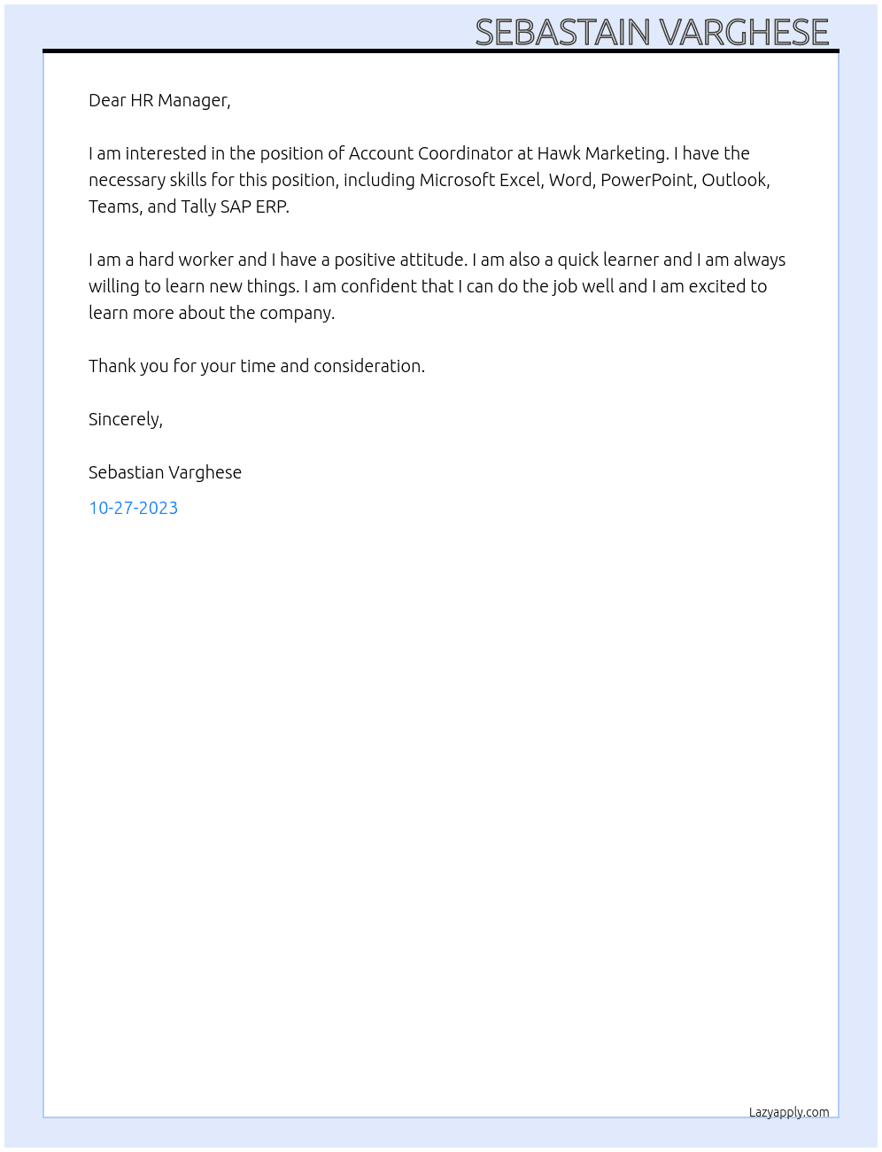 Account Coordinator At Hawk Marketing Cover Letter